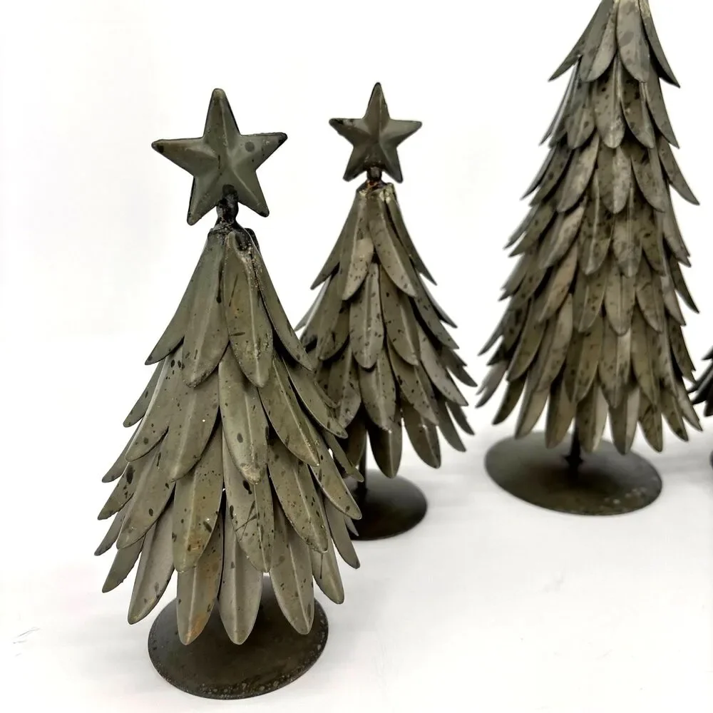 Set of 5 POTTERY BARN Galvanized Village Star Topped Trees Small & Large VTG